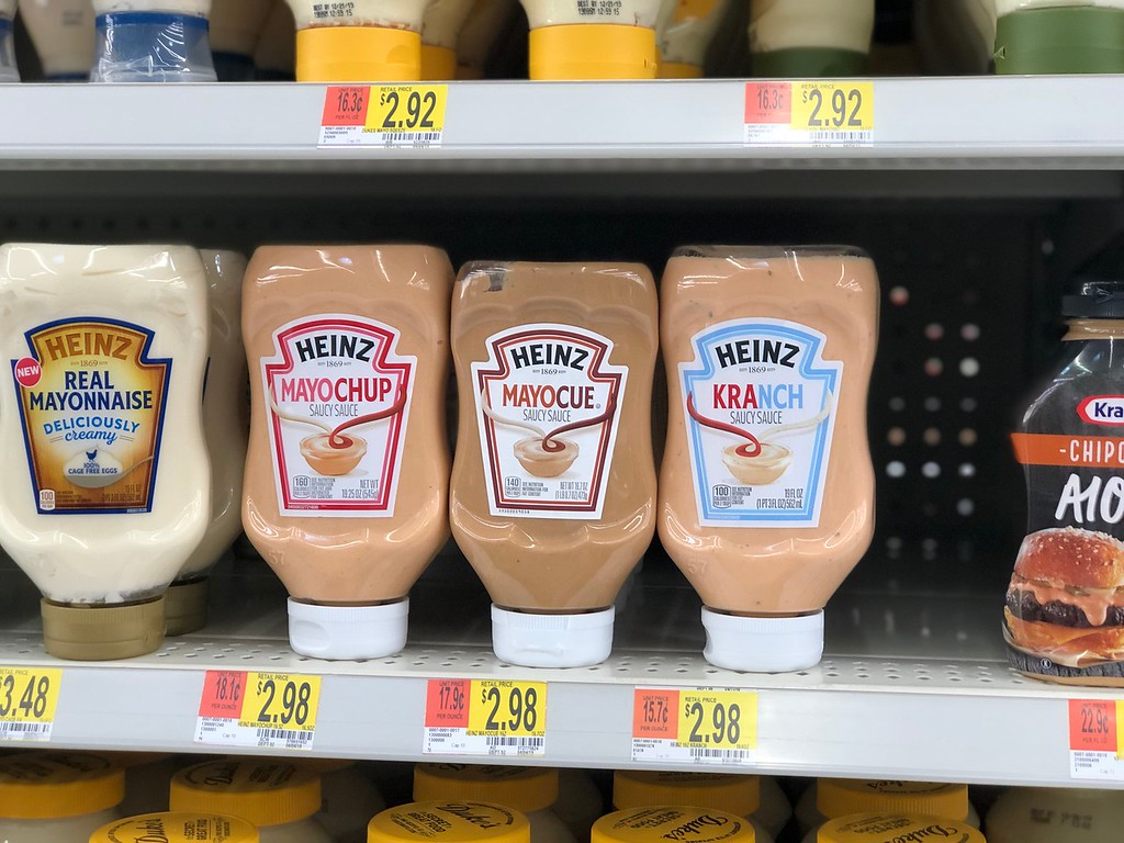 Mayochup, Mayocue, and Kranch mashup condiments on the store shelf