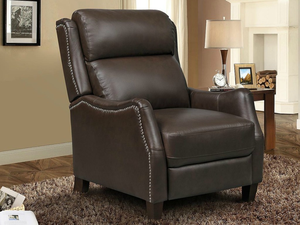 Jaxon Leather Press Back Recliner in Brown with living room backdrop
