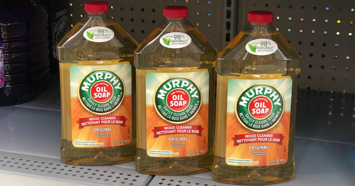 three bottles of Murphy Oil Soap lined up on store shelf