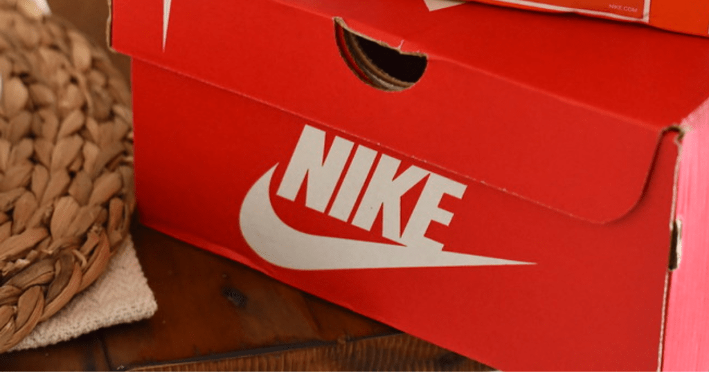 Red Nike Shoe Box on counter near basket