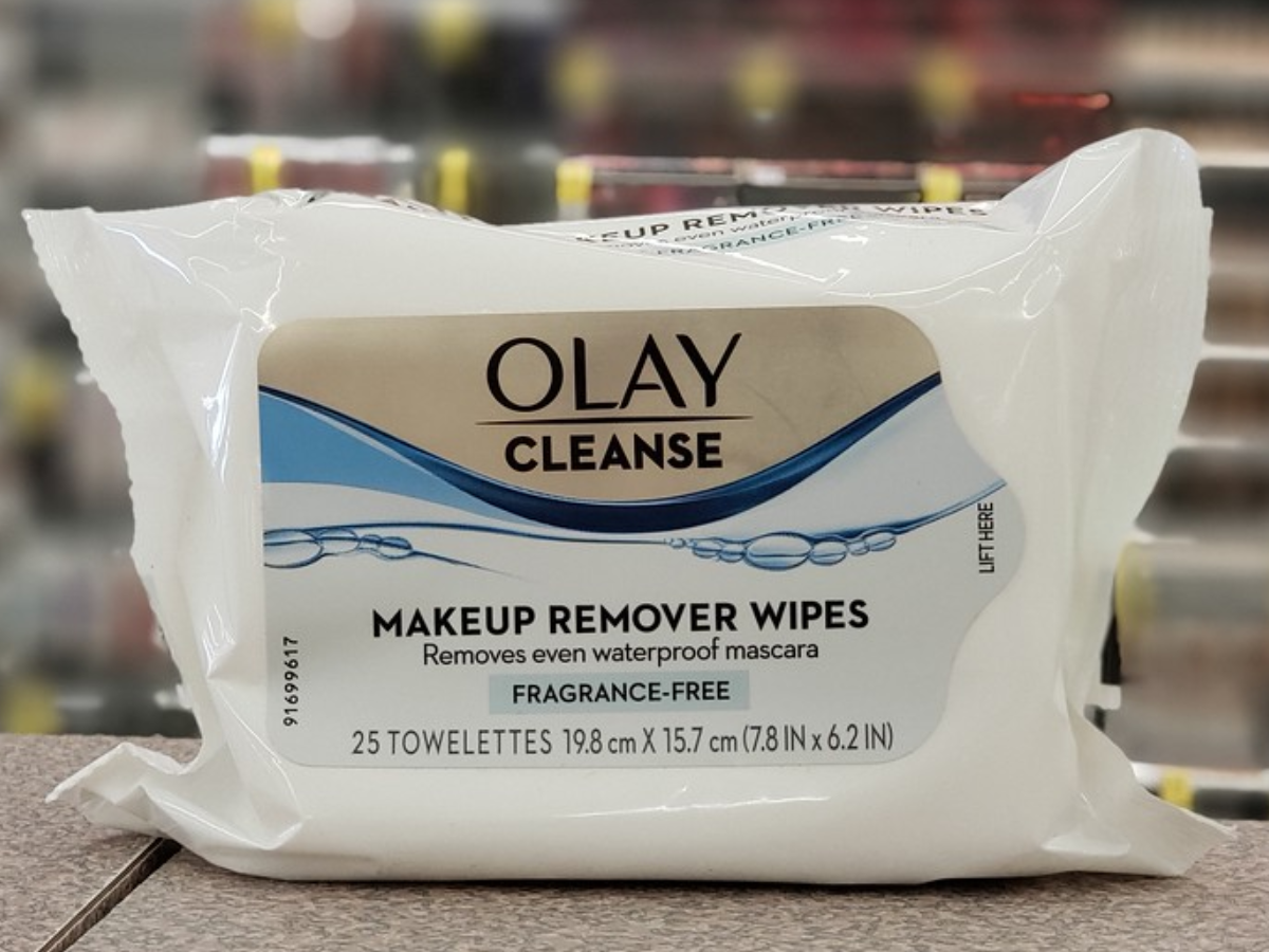 Olay Makeup Remover Wipes on counter at Walgreens 