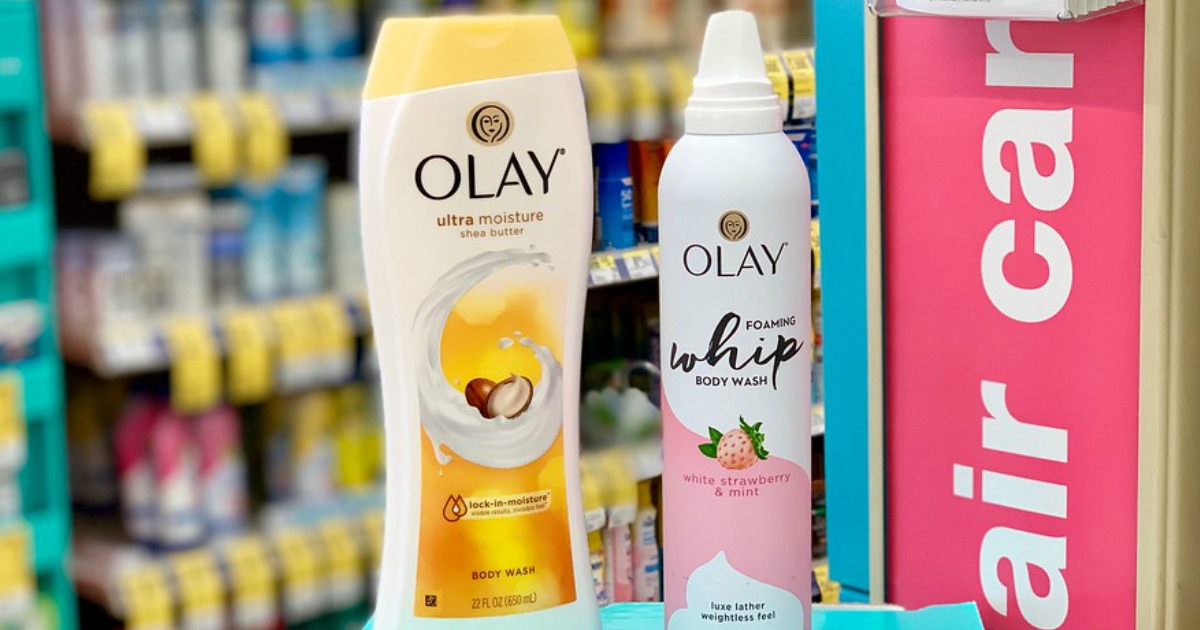 Olay body wash products on counter at Walgreens
