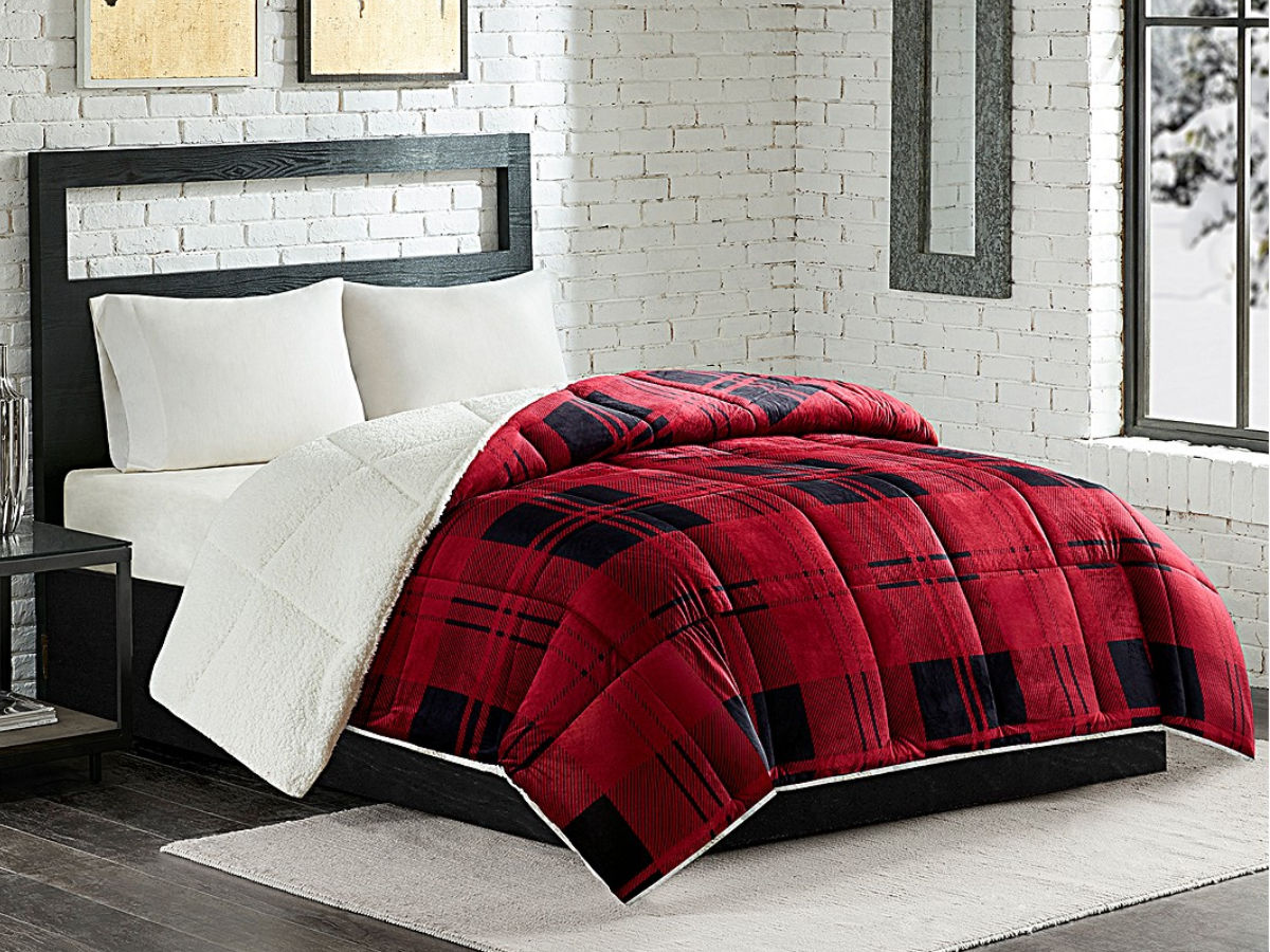 Premier Comfort Micro Velvet Sherpa Reversible Plaid Comforter Red KING 