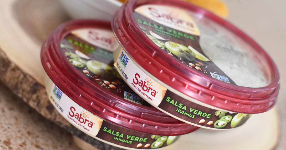 Two Sabra Salsa Verde Hummus Containers Stacked