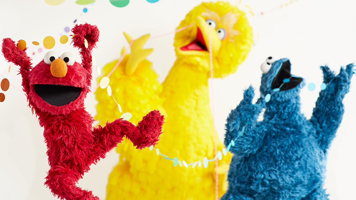 Sesame Street characters Elmo, Big Bird, and Cookie Monster