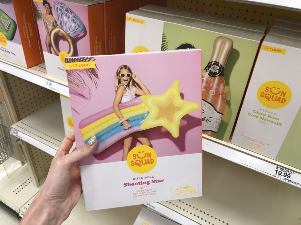 sun squad pool float at target in a rainbow and shooting star shape