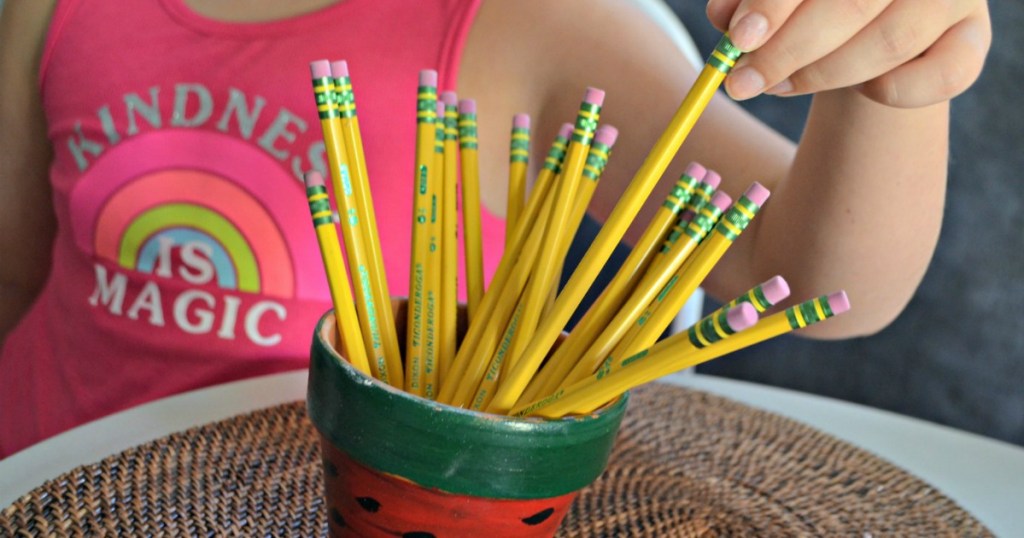 Ticonderoga pencils in a painted clay pot