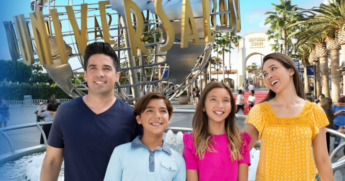 Family standing in front of Universal Studios Hollywood ball sculpture