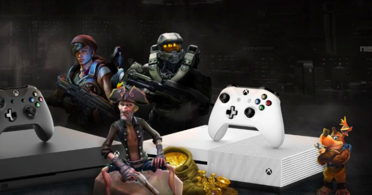 white and black xbox with game characters