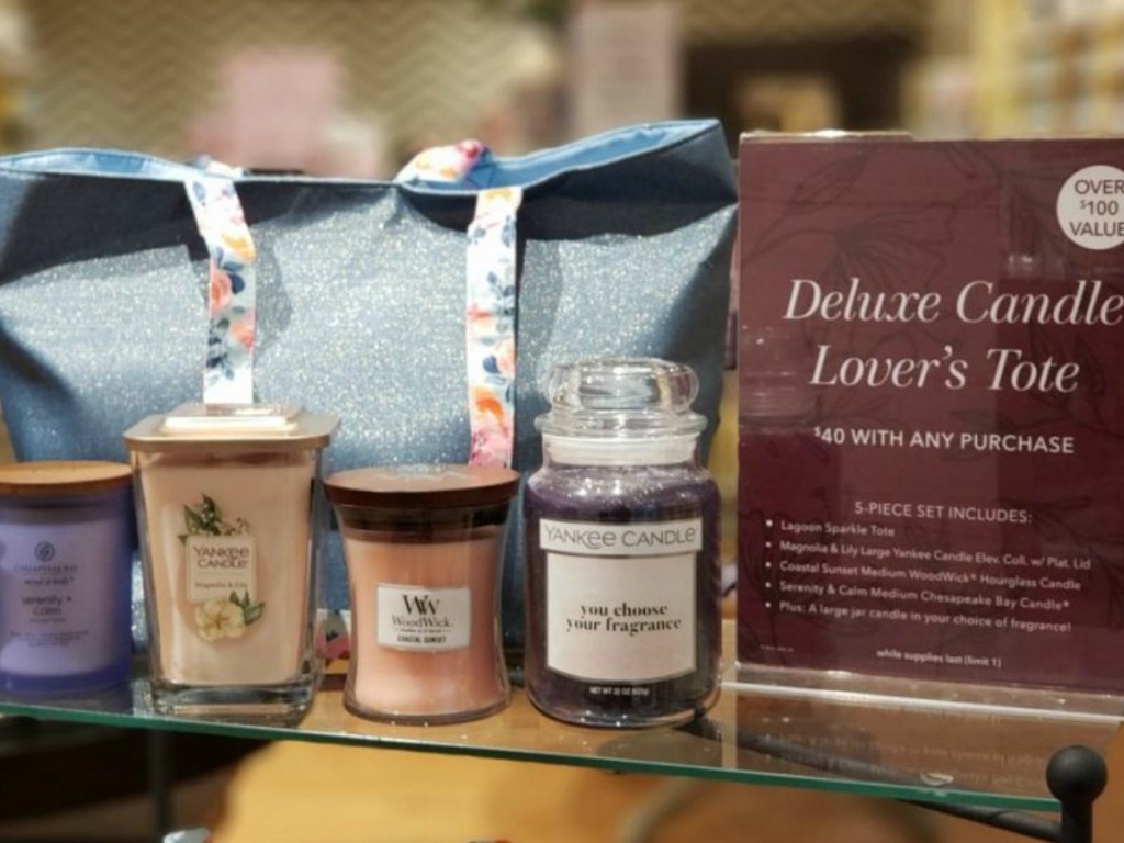 Yankee Candle Deluxe Candle Lover's Tote w/ Candles and signage displayed