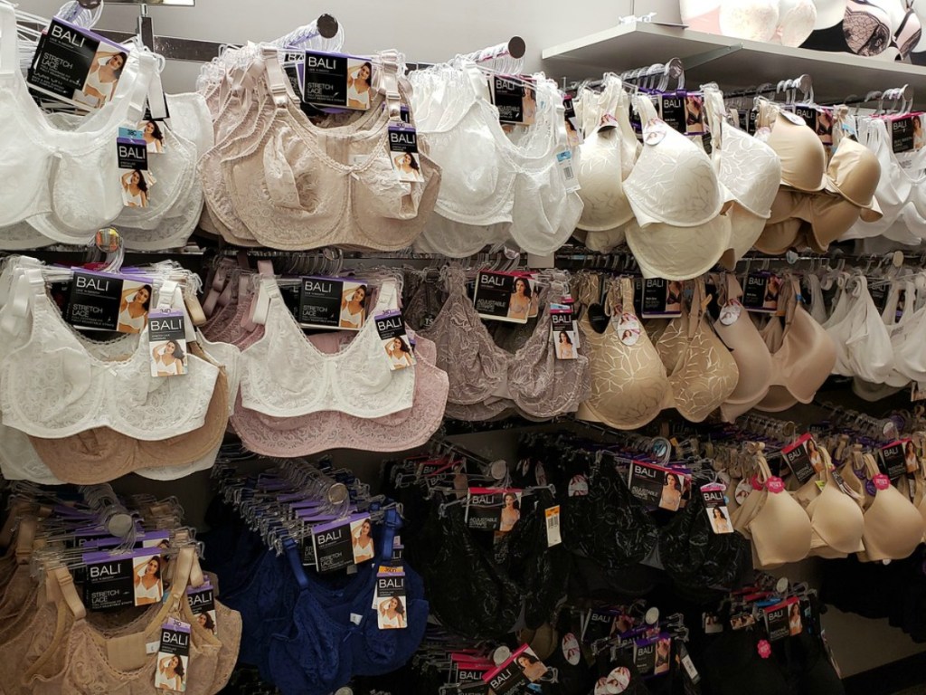 Bali bras hanging on clothing racks