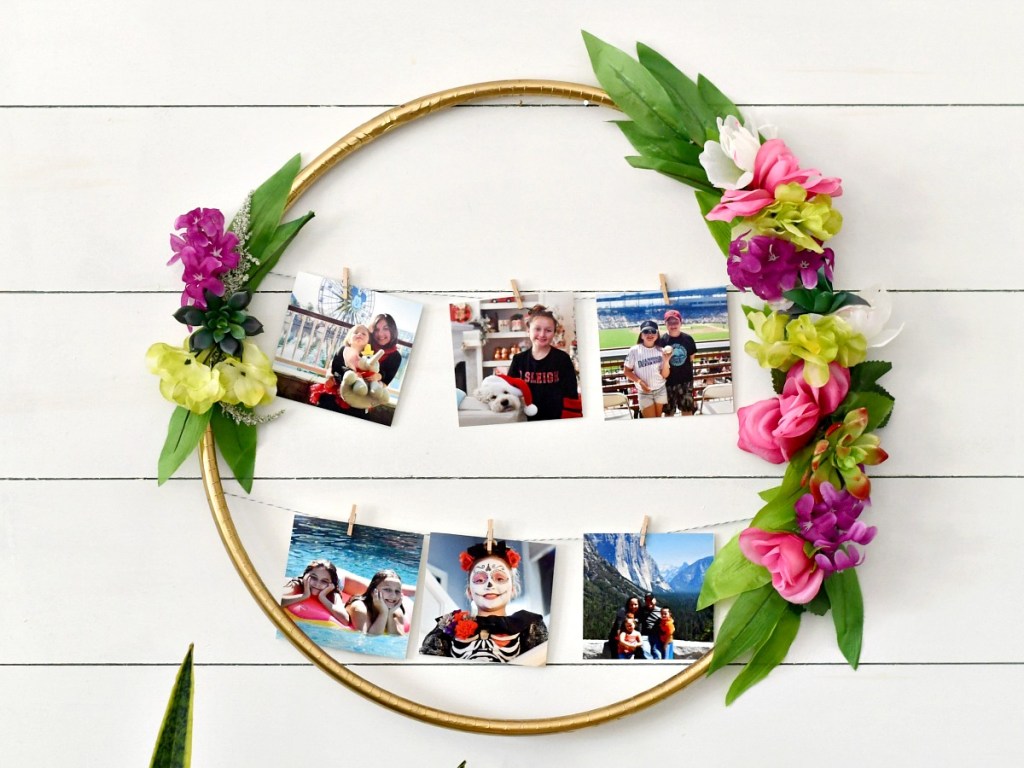 diy hula hoop photo display hanging on the wall