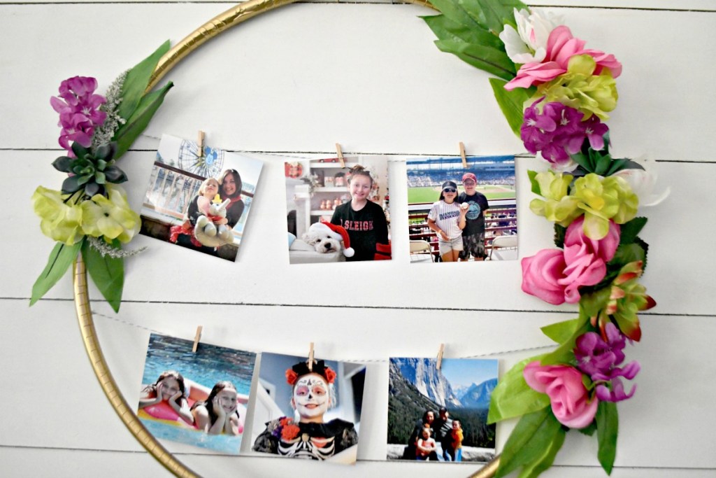 finished hula hoop photo display hanging on white wall 