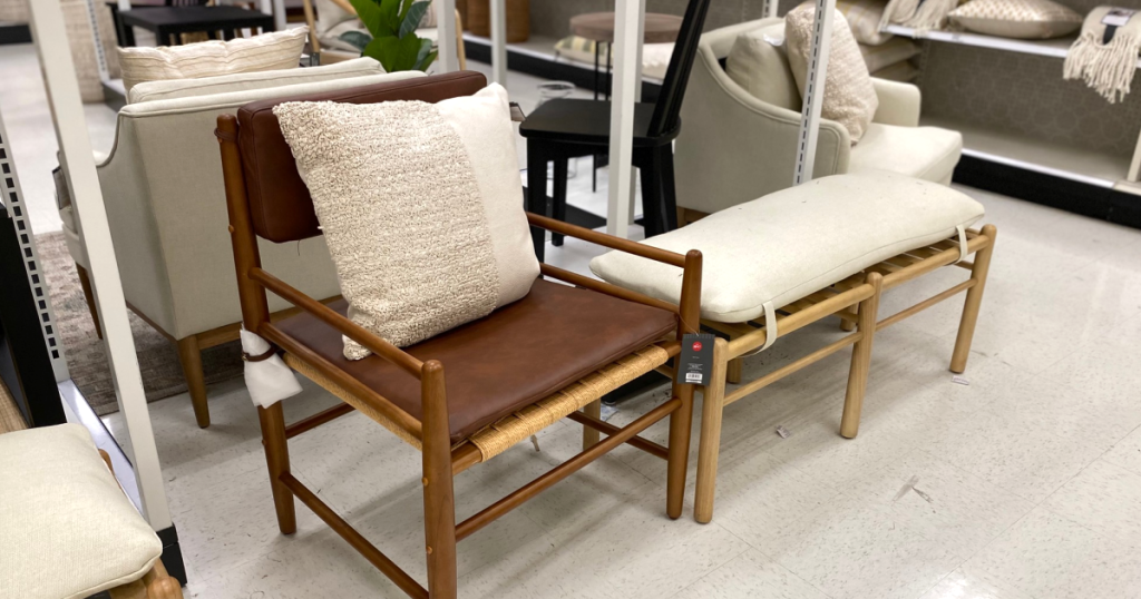 brown chair and white bench in store 