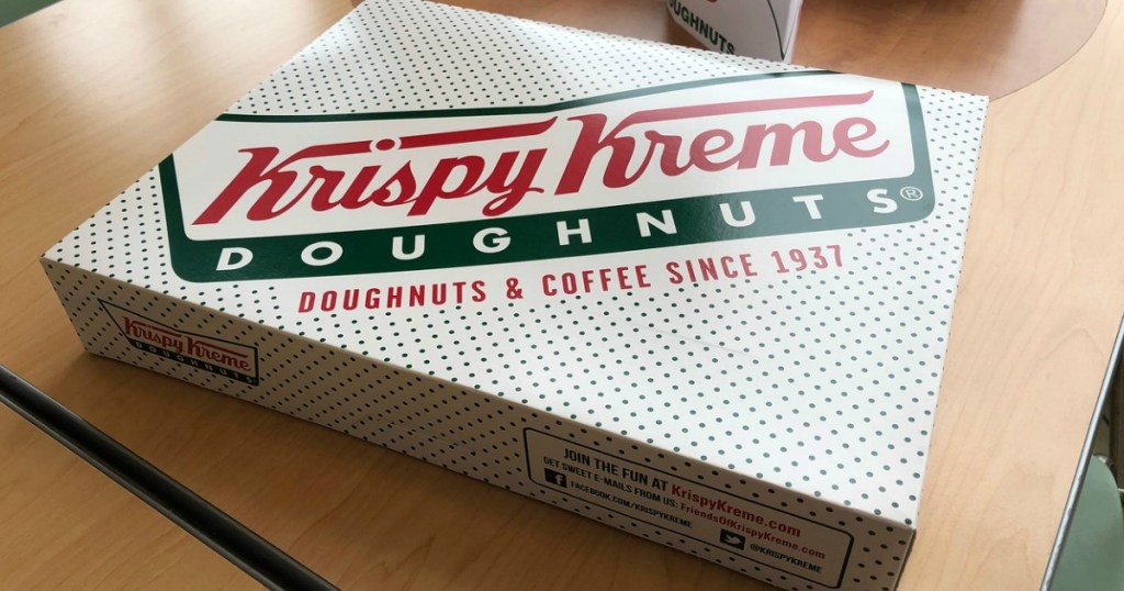 Krispy Kreme large donut box closed and displayed on table