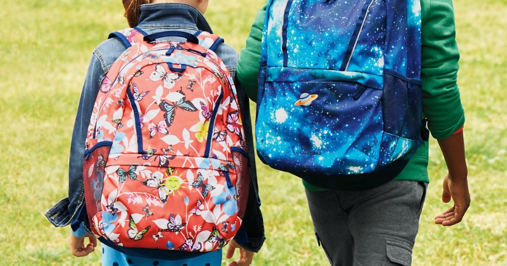 2 kids wearing lands' end backpacks