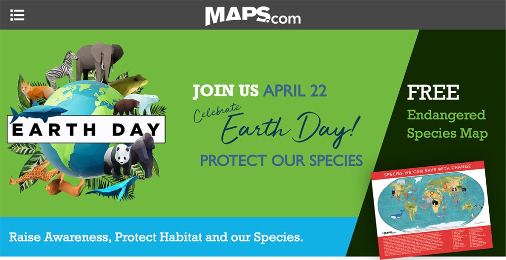 maps.com earth day banner featuring their free printable endangered species map