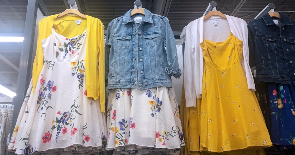 old navy spring capsule wardrobe – spring dresses with cardigans and jackets