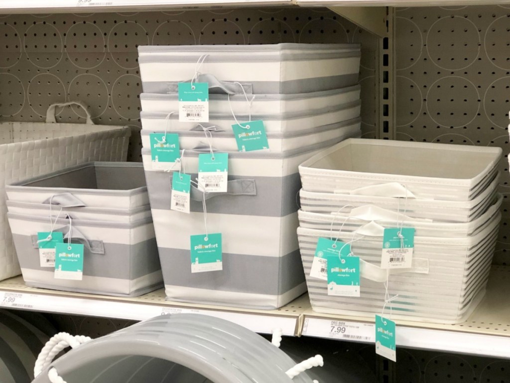 grey and white striped pillowfort storage bin
