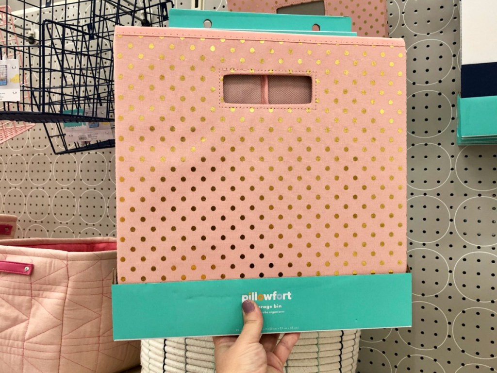 pink with gold polka dot pillowfort storage bin