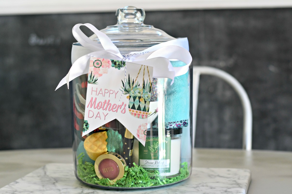 wrapped spa themed gift in a jar for mom with mother's day printables