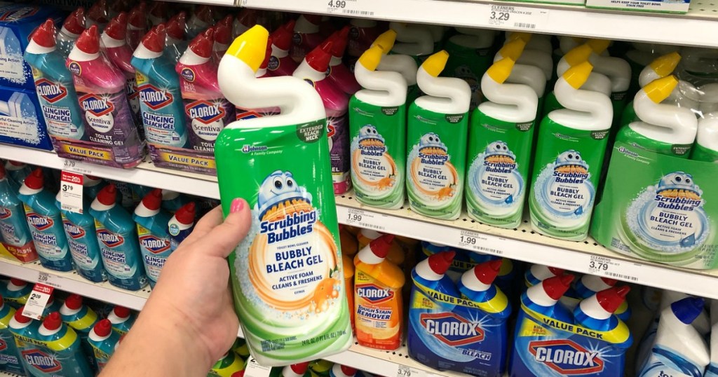hand holding scrubbing bubbles toilet bowl cleaner at target