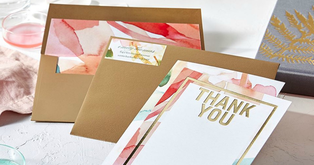 gold and colorful thank you cards with envelopes