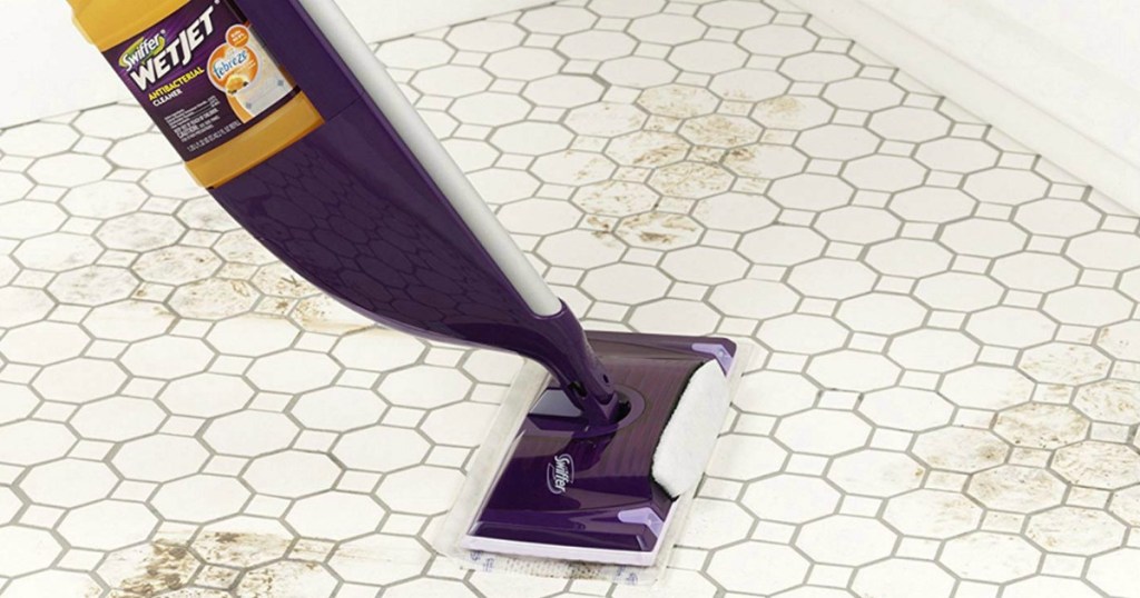 purple swiffer wet jet mopping dirty floor
