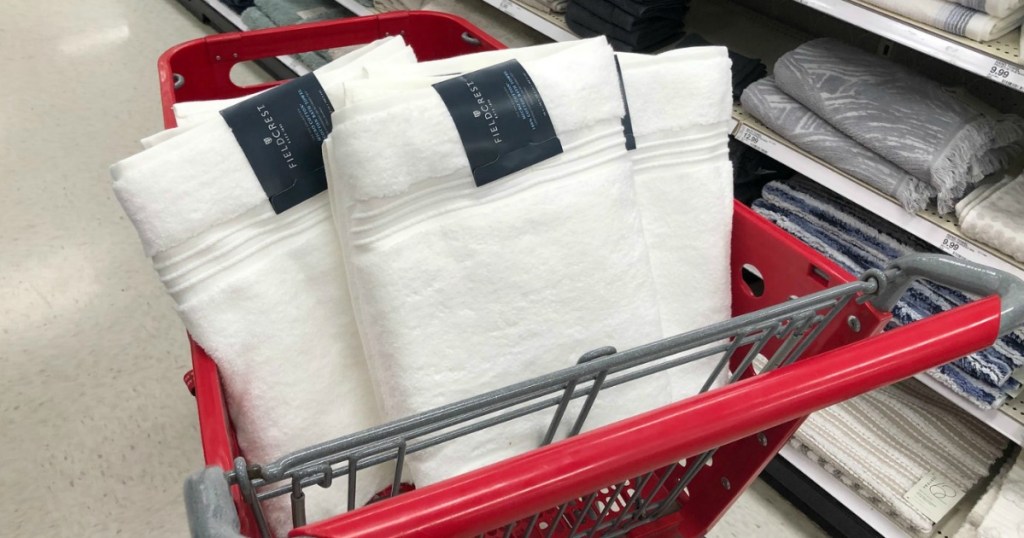 white fieldcrest towels in a Target shopping cart