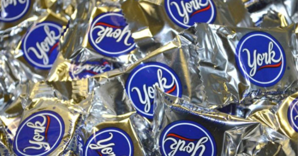 tons of individually wrapped york peppermint patties in silver and blue packaging