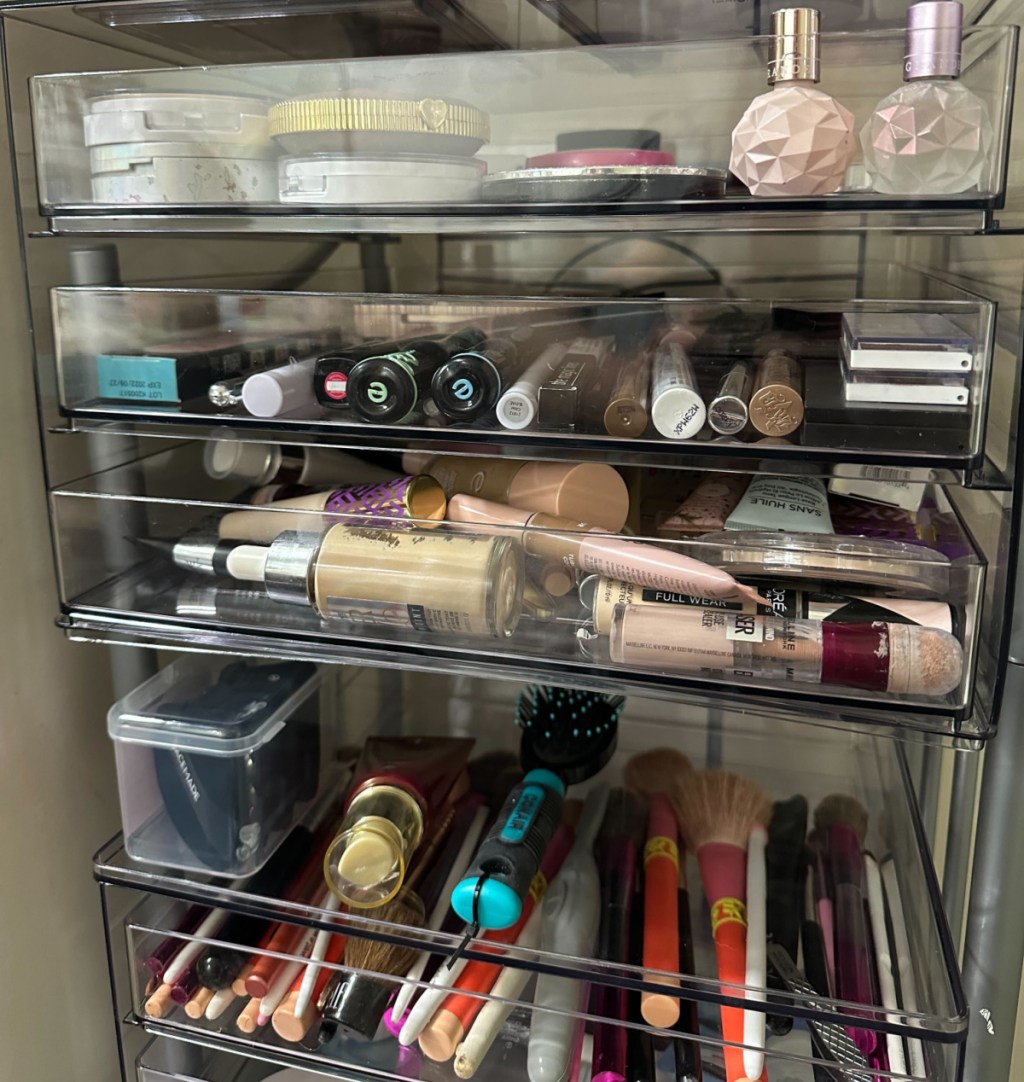 A clear makeup organizer from target, one of our makeup storage ideas that we love