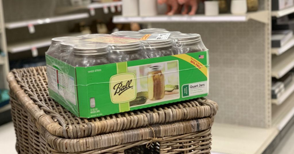 canning jars on a basket in-store