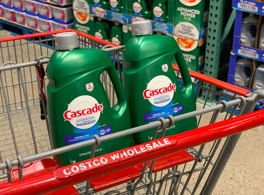 Two Cascade Dishwasher Detergent bottles in Costco Cart