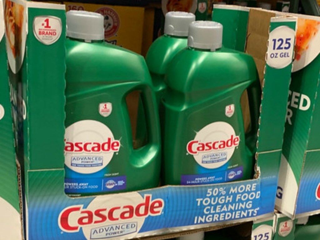 Cascade Liquid Dishwasher Detergent 125 oz Bottles on shelf at Costco