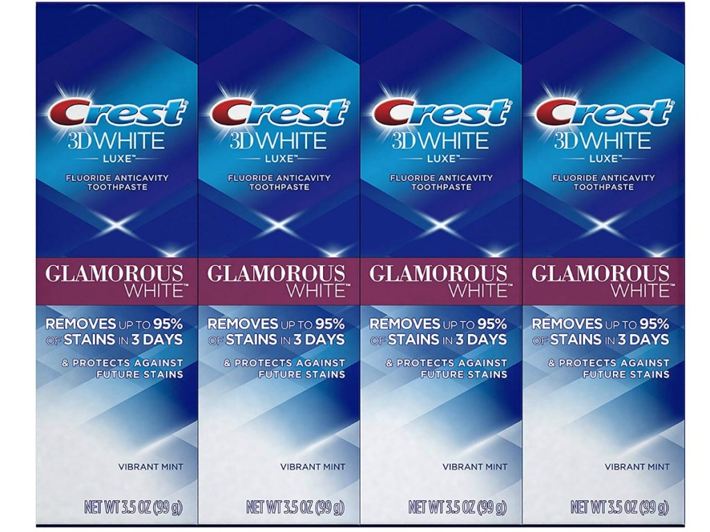 four pack of Crest 3D whitening toothpaste