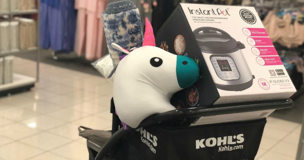 Kohl's cart with unicorn pillow, rug and Instant Pot
