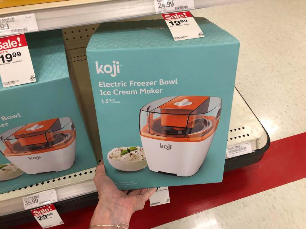 hand holding box for Koji Electric Freezer Bowl Ice Cream Maker in target on shelf