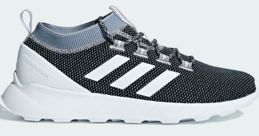 adidas black and white shoes with questar logo on side back