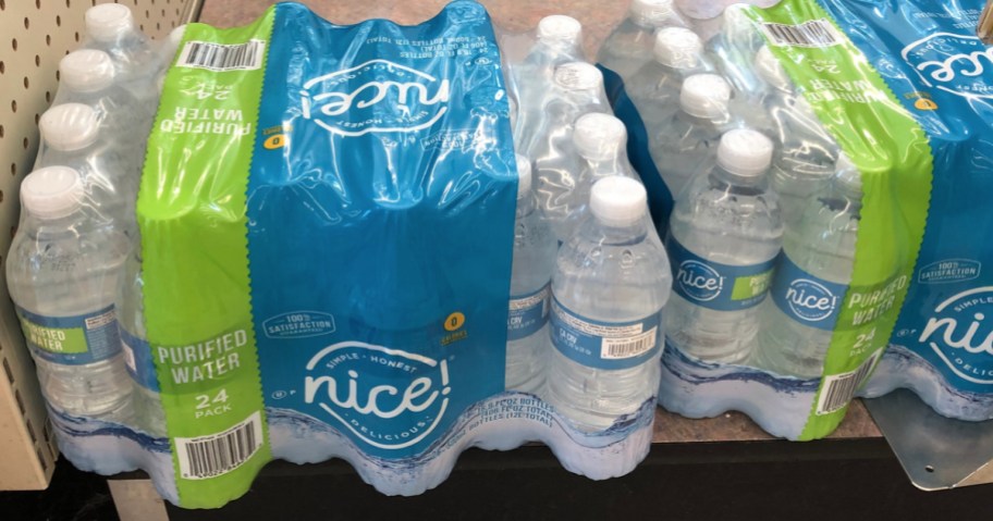 case of bottled water at Walgreens