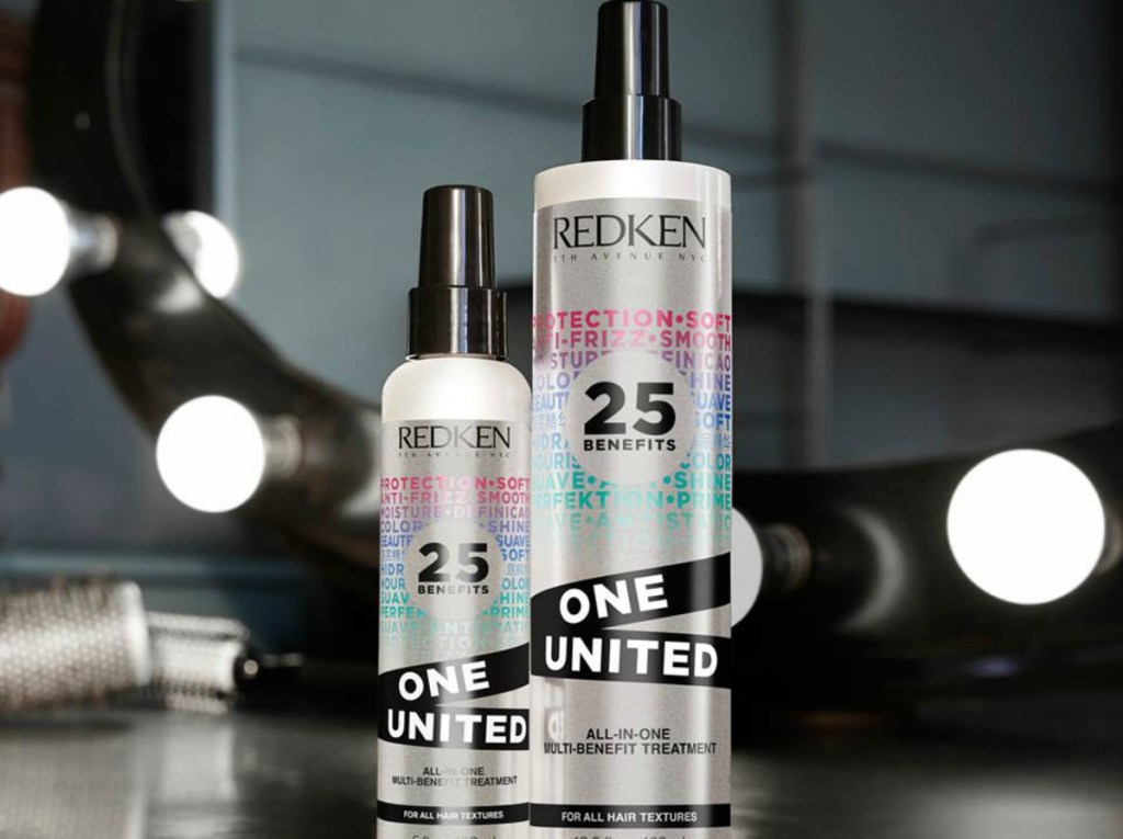 2 Redken One United sprays on dressing room vanity