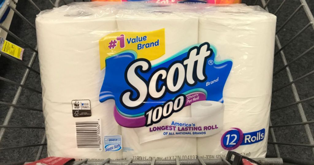Scott twelve rolls of toilet paper pack in a cart, in a store