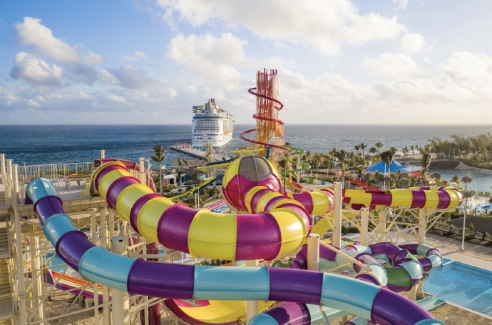 Long, striped water slide at CocoCay