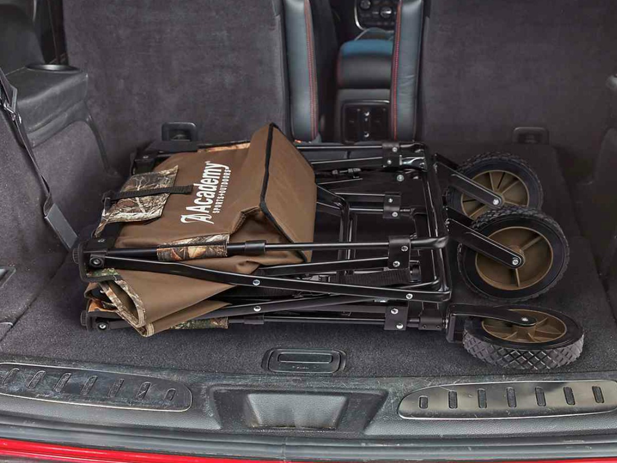 folding wagon in the back of a car