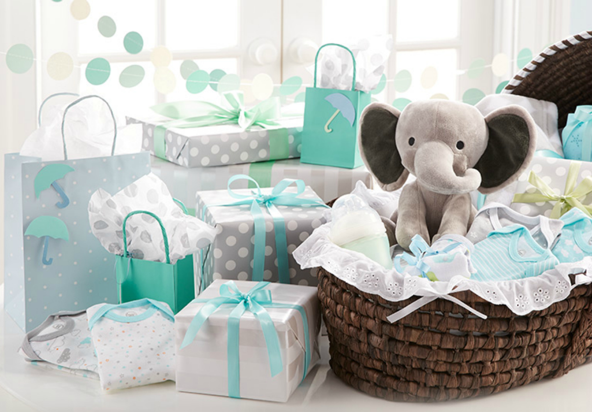baby gifts wrapped in grey and aqua wrapping paper