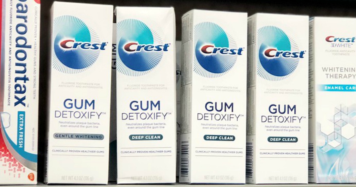 Shelf display of Crest Gum Detoxify Toothpaste