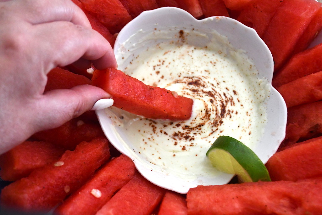 dipping chile lime watermelon fry in dip