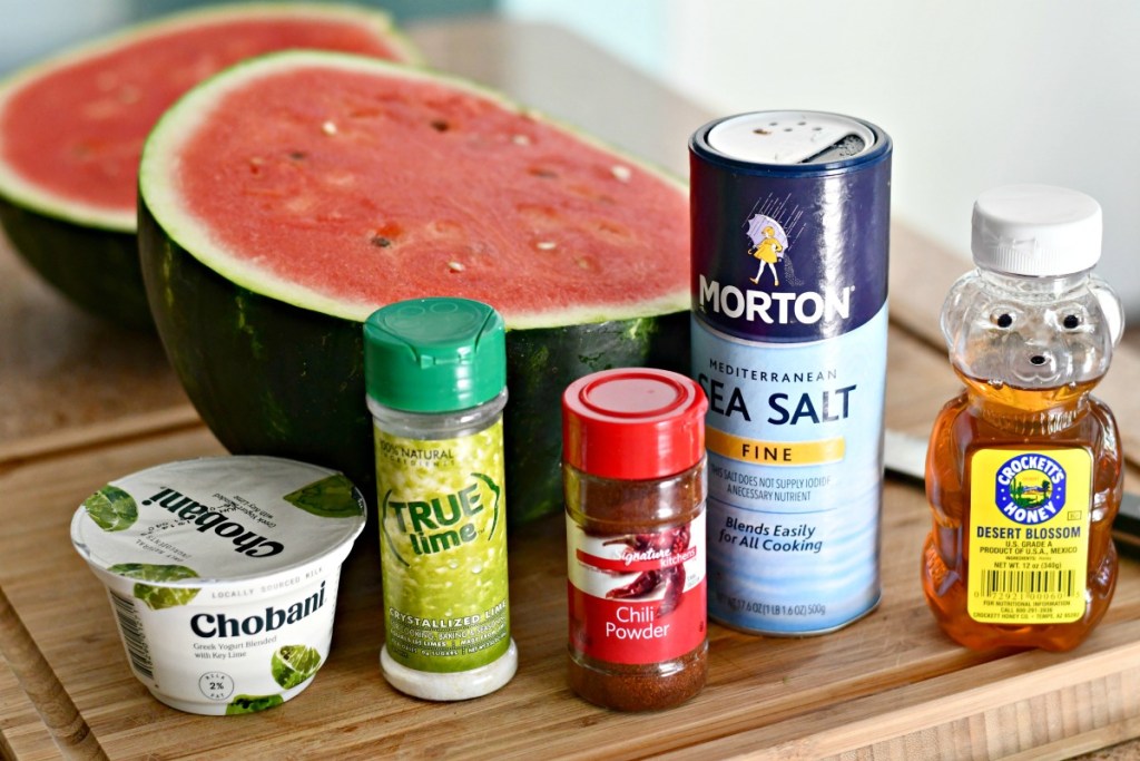 chile lime watermelon fries ingredients on the counter 