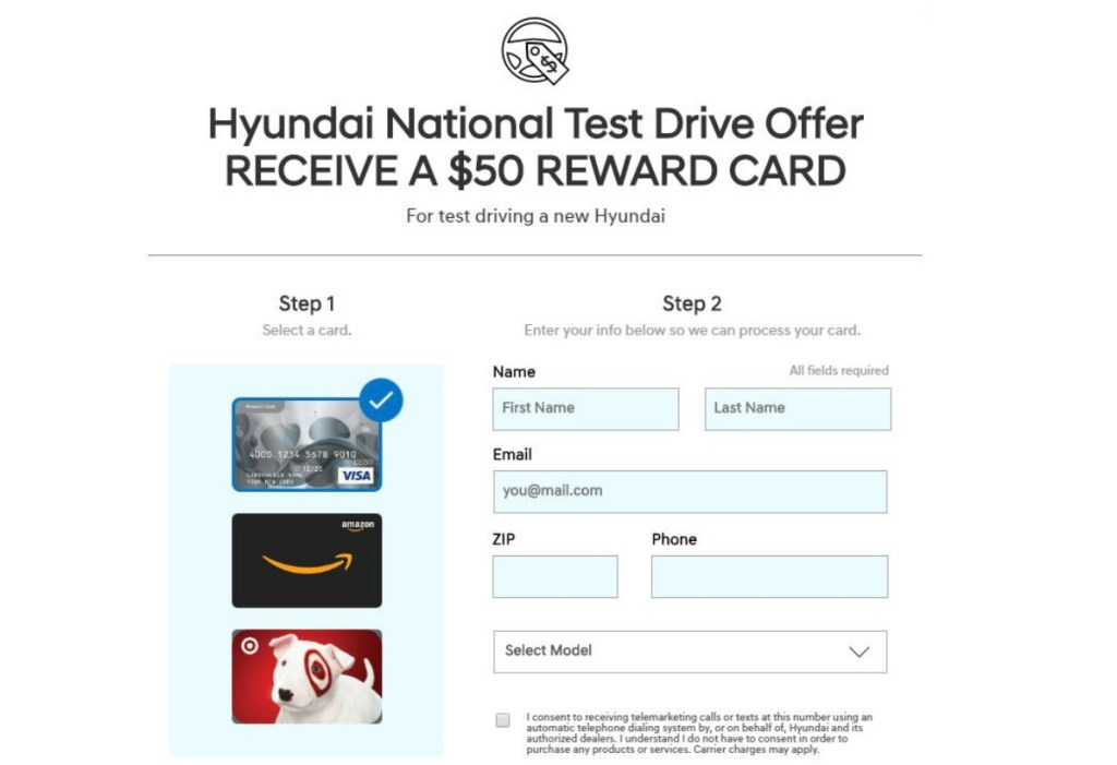 FREE 50 Amazon, Target or Visa Gift Card w/ Hyundai Test Drive (Select