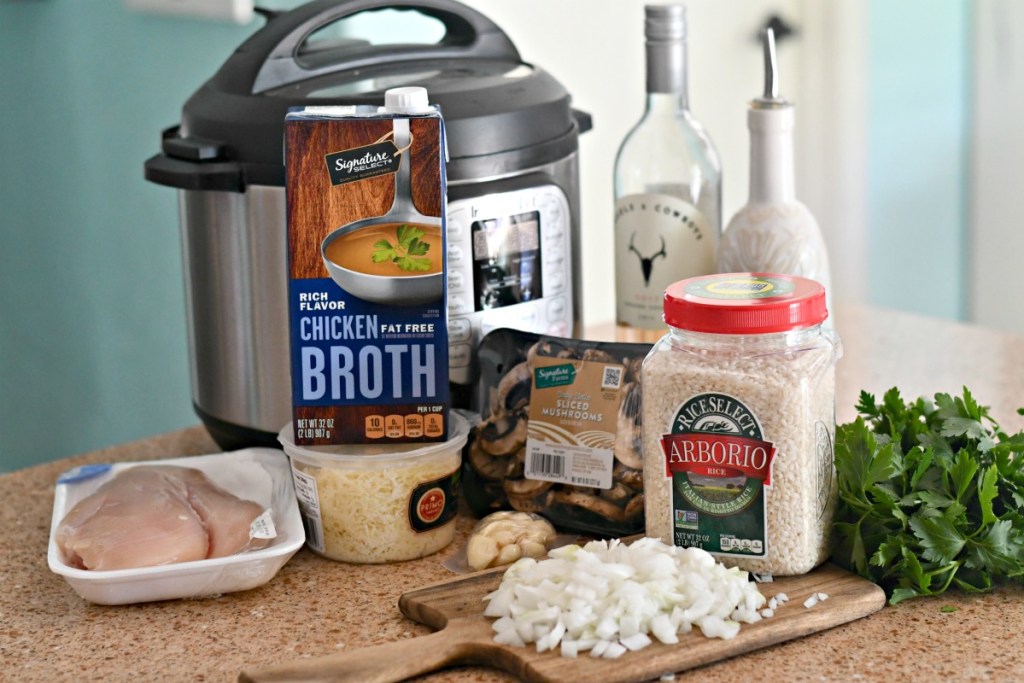 ingredients for instant pot chicken risotto on the counter 