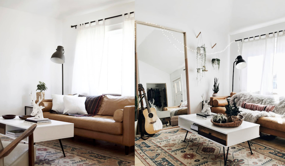 before and after of living room with tall floor mirror on white wall